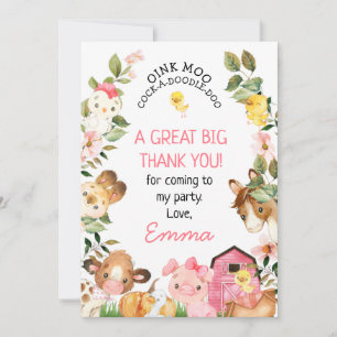 Farm Animals Pink Barn Birthday Thank You Card