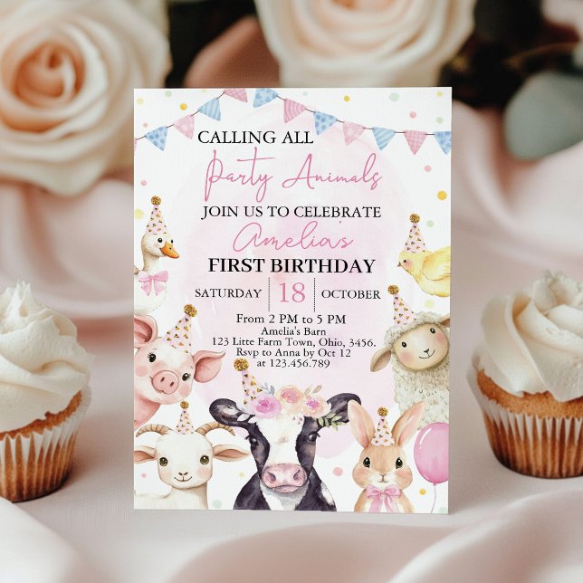 Farm Animals Pink Barnyard Girl First Birthday Invitation (Creator Uploaded)