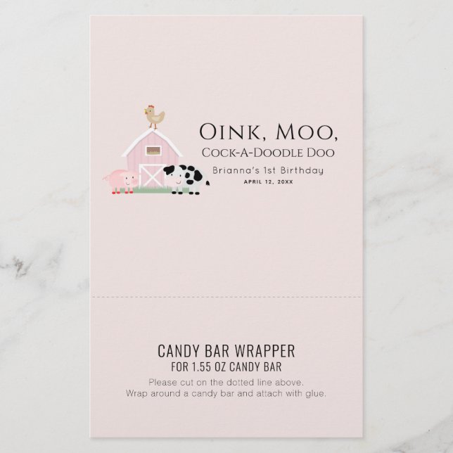 Farm Animals Pink Birthday Candy Bar Wrapper (Front)