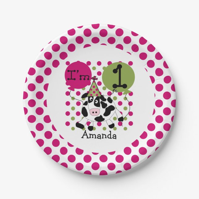 Farm Animals Pink Cow 1st Birthday Paper Plates (Front)