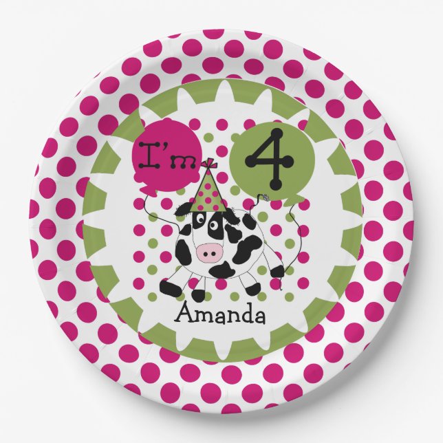 Farm Animals Pink Cow 4th Birthday Paper Plates (Front)
