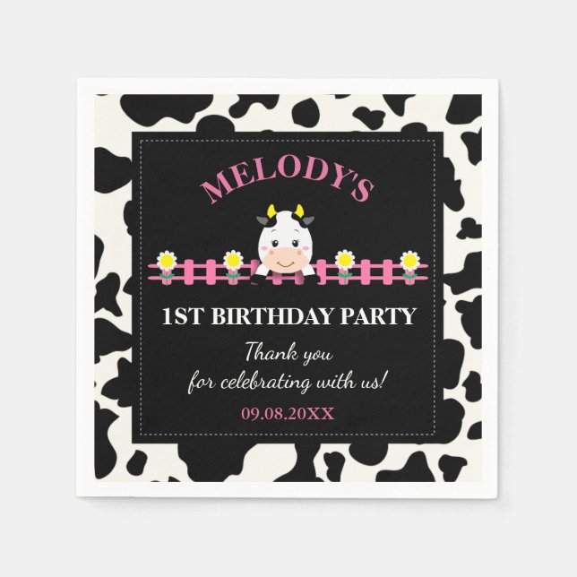 Farm Animals Pink Cow Barnyard 1st Birthday Party  Napkin (Front)