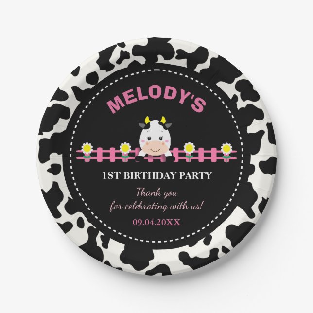 Farm Animals Pink Cow Barnyard 1st Birthday Party  Paper Plate (Front)
