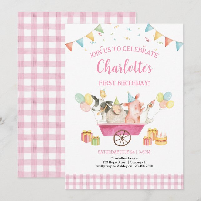 Farm Animals Pink Gingham Girl First Birthday Invitation (Front/Back)