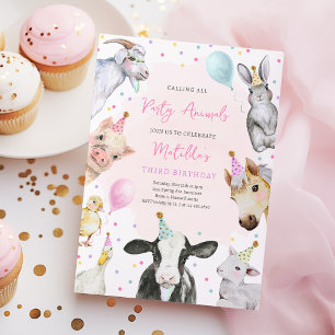Farm Animals Pink Girl Barnyard Birthday Party Invitation