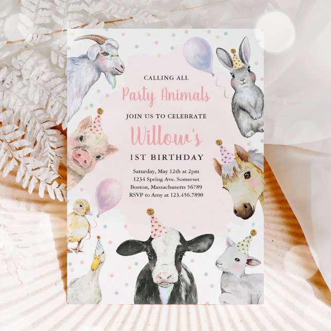  Farm Animals Pink Girl Barnyard Birthday Party Invitation (Creator Uploaded)