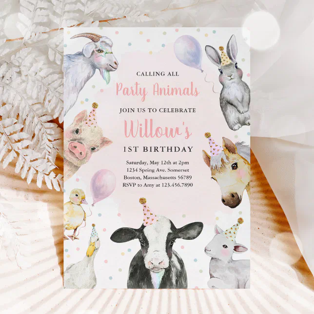 Farm Animals Pink Girl Barnyard Birthday Party Invitation | Zazzle