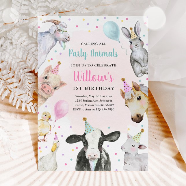  Farm Animals Pink Girl Barnyard Birthday Party Invitation (Creator Uploaded)