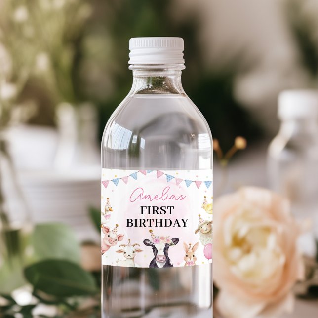 Farm Animals Pink Girl Birthday Water Bottle Label (Creator Uploaded)