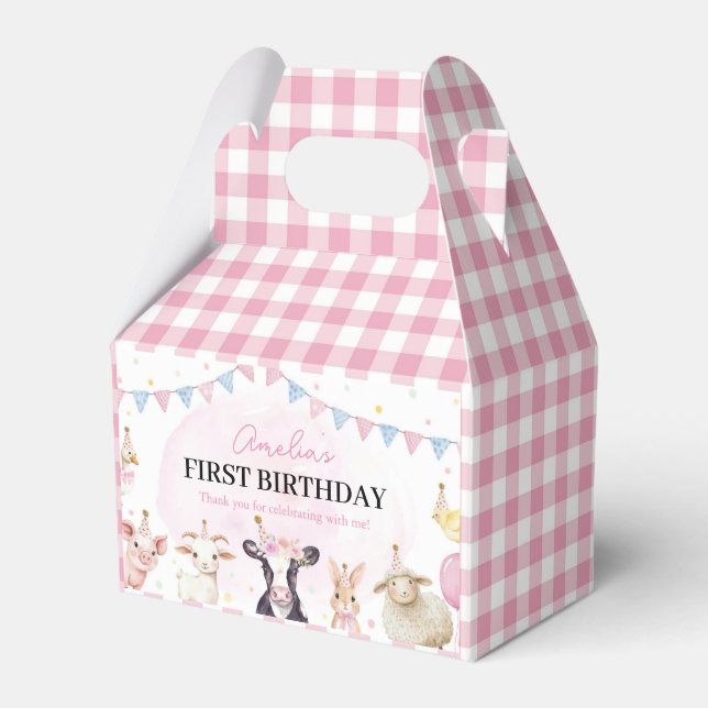 Farm Animals Pink Girl First Birthday Favour Box (Front Side)