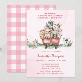 Farm Animals Pink Truck Baby Shower Invitation
