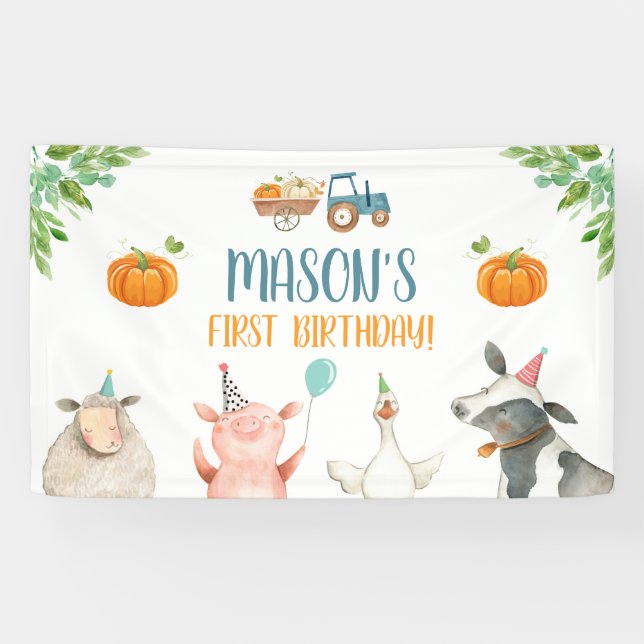 Farm Animals Pumpkin Birthday Barnyard Backdrop Banner (Horizontal)