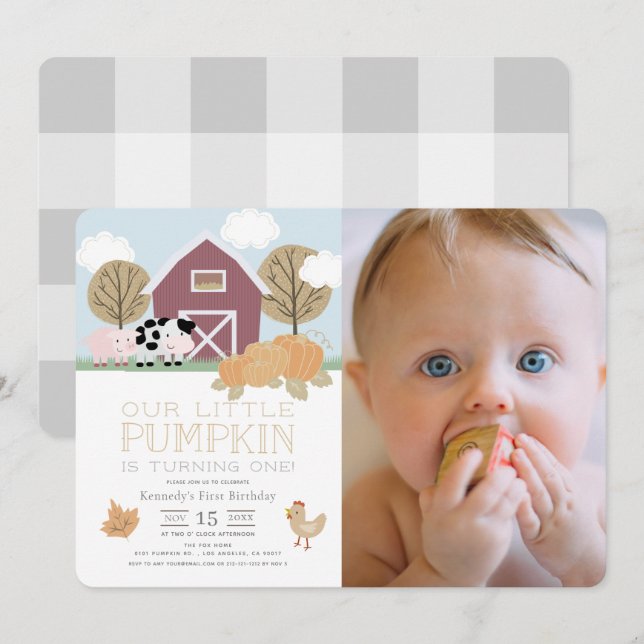 Farm Animals Pumpkin Patch 1st Birthday Photo Invitation (Front/Back)