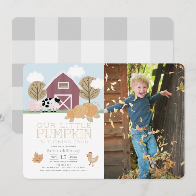Farm Animals Pumpkin Patch Birthday Photo Invitation (Front/Back)