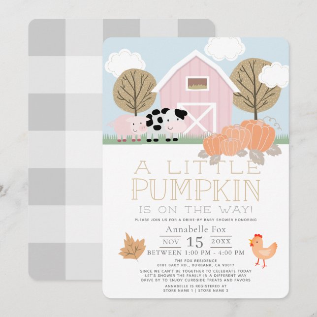 Farm Animals Pumpkin Pink Drive-by Baby Shower Invitation (Front/Back)