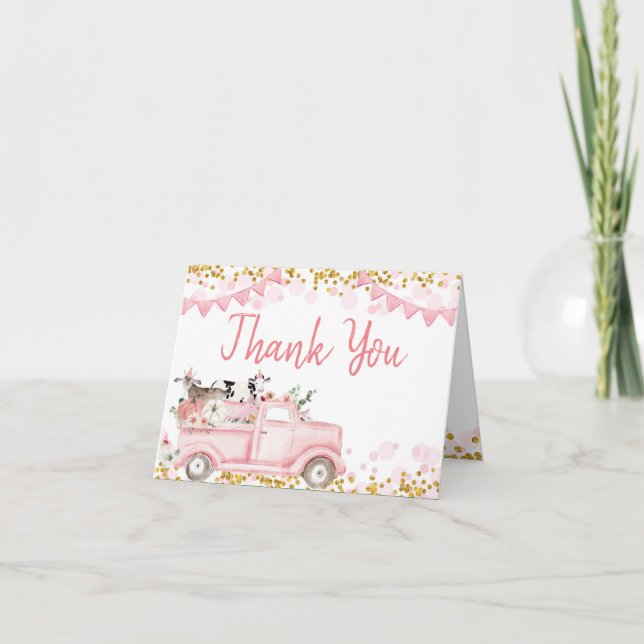 Farm Animals Pumpkin Pink Truck Drive By Birthday Thank You Card (Front)
