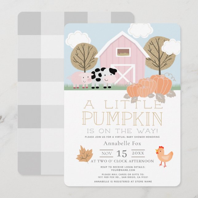 Farm Animals Pumpkin Pink Virtual Baby Shower Invitation (Front/Back)
