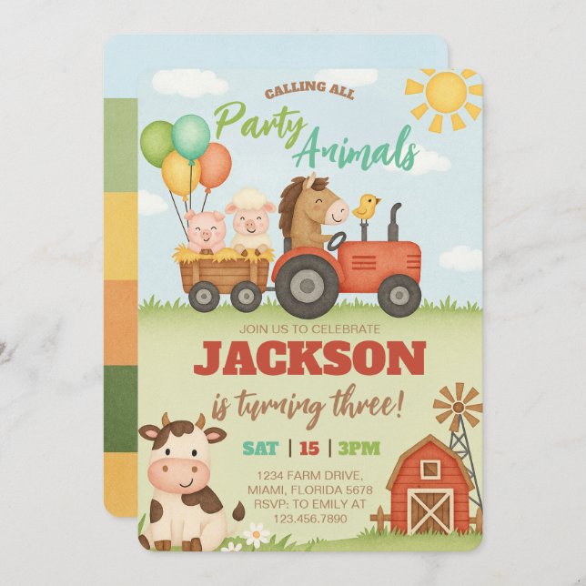 Farm Animals Ranch Kids Birthday Invitation (Front/Back)