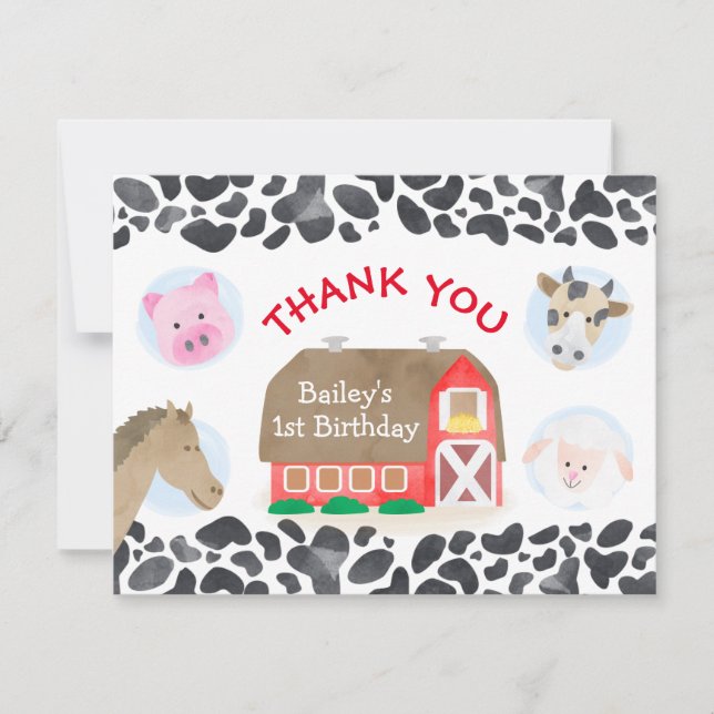 Farm Animals Red Barn Birthday Thank You Card (Front)