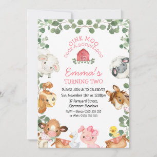 Farm Animals Red Barn Foliage Birthday Invitation