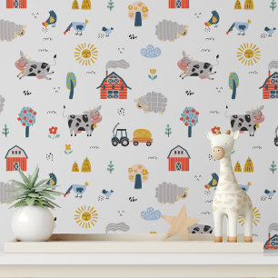 Farm Animals Red Barn Nursery Peel and Stick Wallpaper