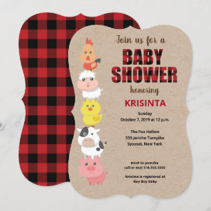 Farm Animals Red Plaid Baby Shower Invitation