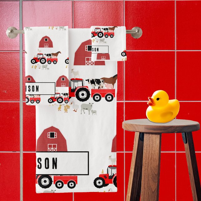 Farm Animals & Red Tractor Barnyard Boys Girls  Bath Towel Set (Creator Uploaded)