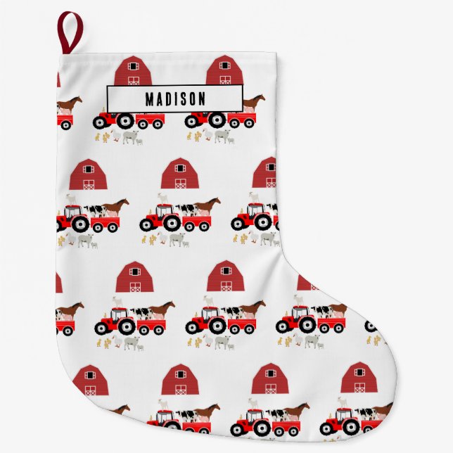 Farm Animals & Red Tractor Barnyard Boys Girls Large Christmas Stocking (Front)