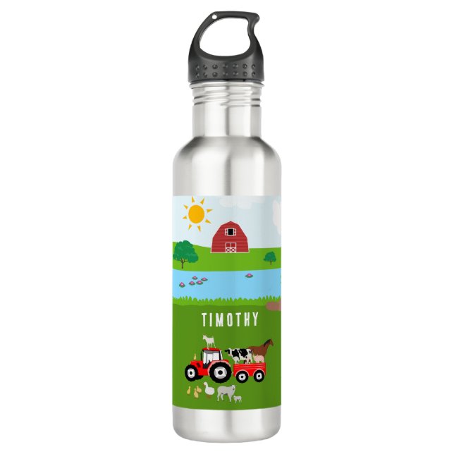 Farm Animals & Red Tractor Barnyard Custom Name  710 Ml Water Bottle (Front)
