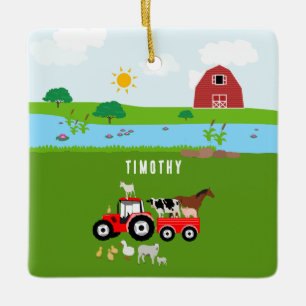 Farm Animals & Red Tractor Barnyard Custom Name  Ceramic Ornament