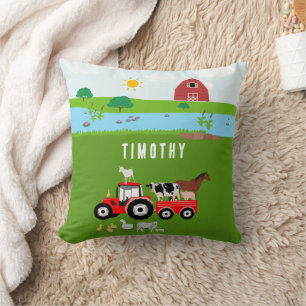 Farm Animals & Red Tractor Barnyard Custom Name Cushion