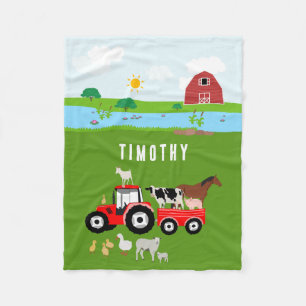 Farm Animals & Red Tractor Barnyard Custom Name  Fleece Blanket