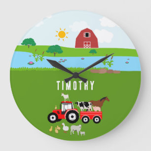 Farm Animals & Red Tractor Barnyard Custom Name  Large Clock