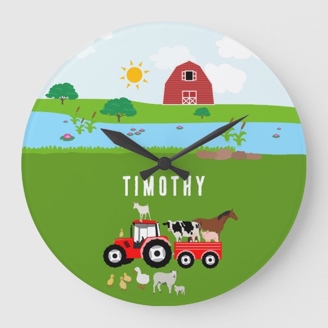 Farm Animals & Red Tractor Barnyard Custom Name  Large Clock (Front)