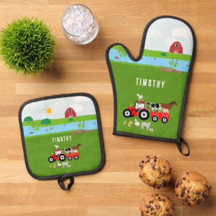 Farm Animals & Red Tractor Barnyard Custom Name Oven Mitt & Pot Holder Set