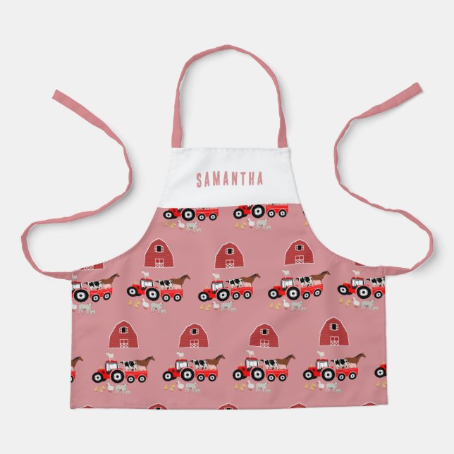 Farm Animals & Red Tractor Barnyard Girls Pattern Apron (Front)