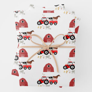 Farm Animals & Red Tractor Barnyard Pattern Wrapping Paper Sheet