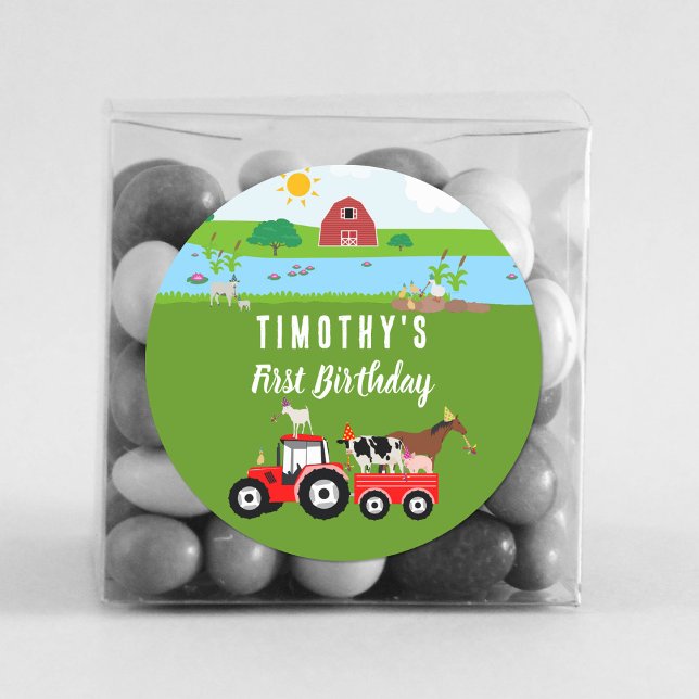 Farm Animals & Red Tractor Birthday Party Theme Classic Round Sticker (Creator Uploaded)