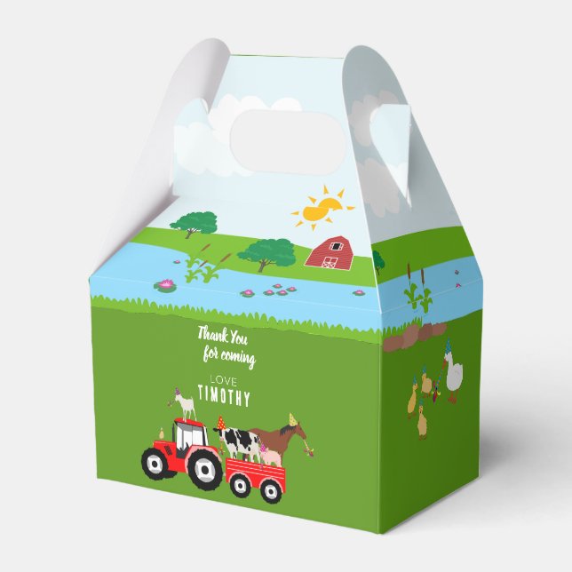 Farm Animals & Red Tractor Birthday Party Theme Favour Box (Front Side)