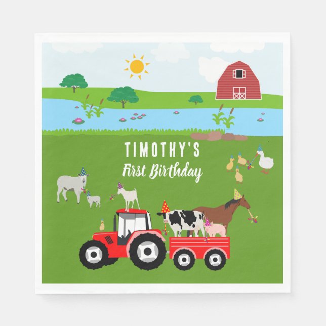 Farm Animals & Red Tractor Birthday Party Theme Napkin (Front)