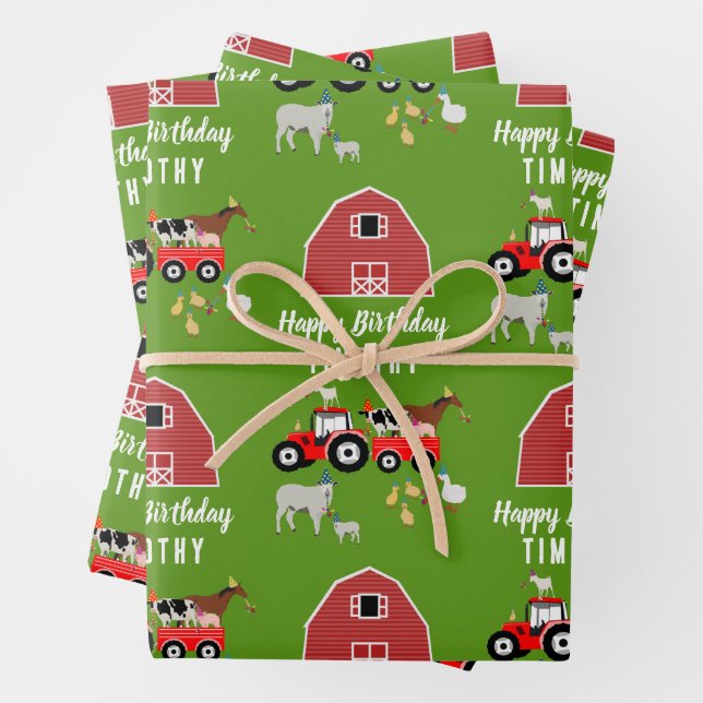 Farm Animals & Red Tractor Birthday Party Theme  Wrapping Paper Sheet (In situ)