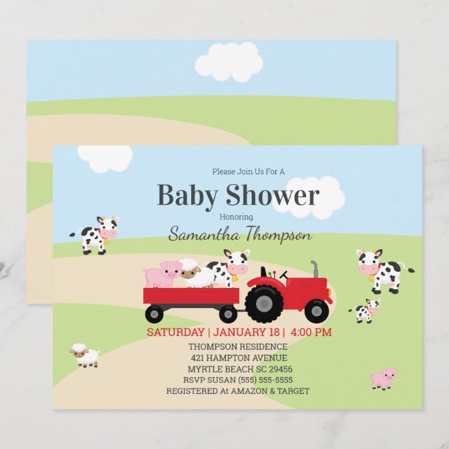 Farm Animals Red Tractor Boys Baby Shower Invitation (Front/Back)