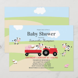 Farm Animals Red Tractor Boys Baby Shower Invitation