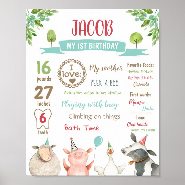 Farm Animals Safari First Birthday Boy Milestones Poster (Front)