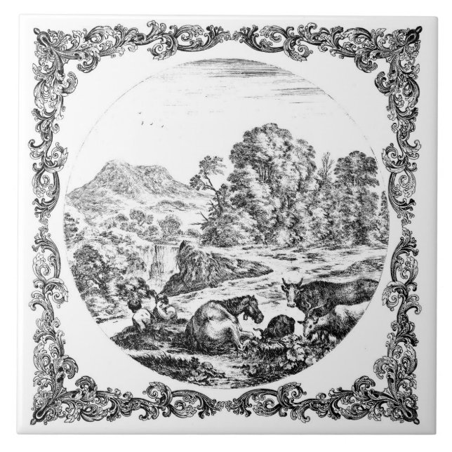 Farm Animals Scene Vintage Delft Black & White  Tile (Front)