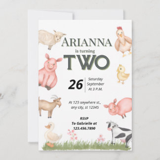 Farm Animals Second Birthday Invitation