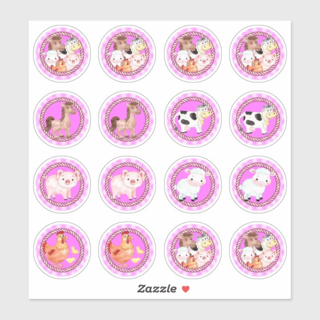 Farm animals set barnyard gingham light pink pink (Sheet)