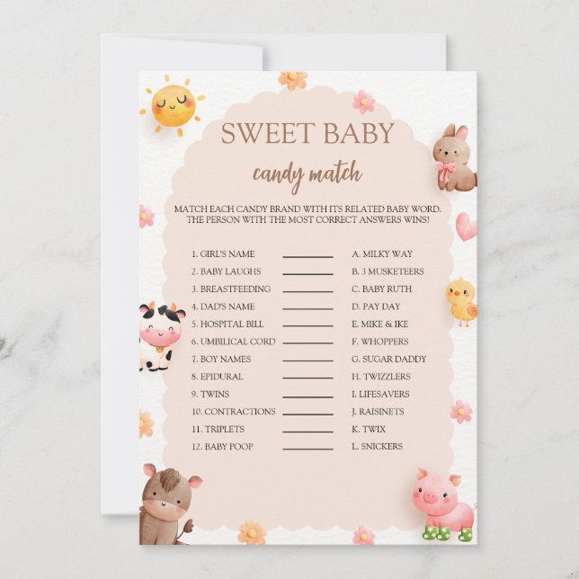 Farm Animals Sweet Baby Candy Match Game Card  (Front)