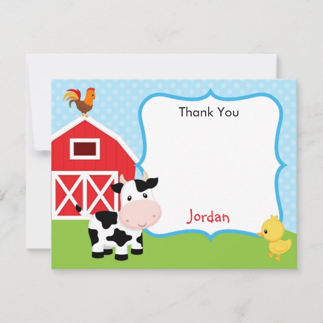 Farm Animals Thank You Card Boy (Blue) - Barnyard (Front)