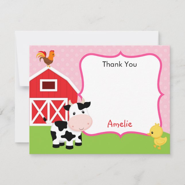 Farm Animals Thank You Card Girl (Pink) - Barnyard (Front)